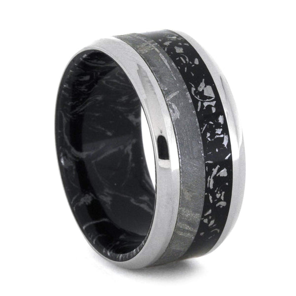 Black Stardust, Gibeon Meteorite, Black and Silver Mokume Gane 10mm Comfort-Fit Titanium Wedding Band, 9.5