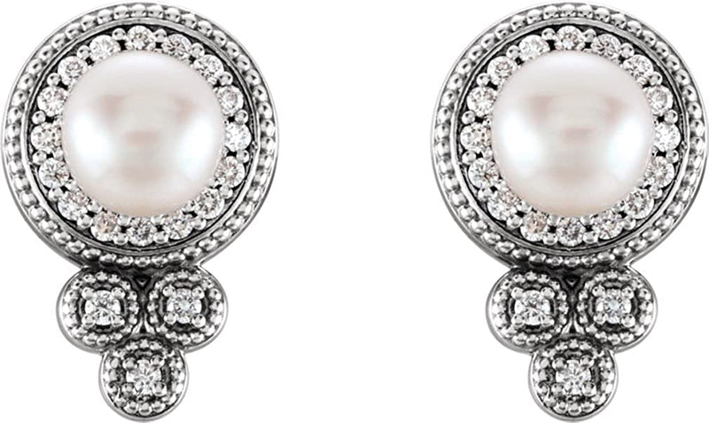 Platinum White Freshwater Cultured Pearl and Diamond Earrings (5-5.5MM) (0.2 Ctw, G-H Color, SI2-SI3 Clarity)