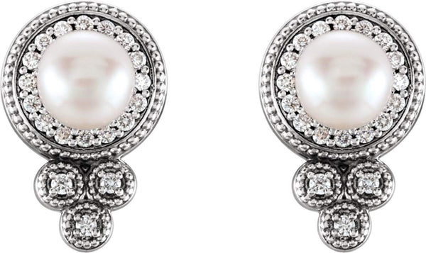 White Freshwater Cultured Pearl and Diamond Earrings, Sterling Silver (5-5.5MM) (0.2 Ctw, G-H Color, I1 Clarity)