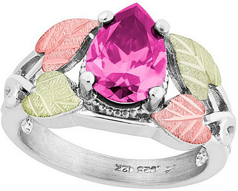 Pear Pink CZ Ring, Sterling Silver, 12k Green and Rose Gold Black Hills Gold Motif, Size 9