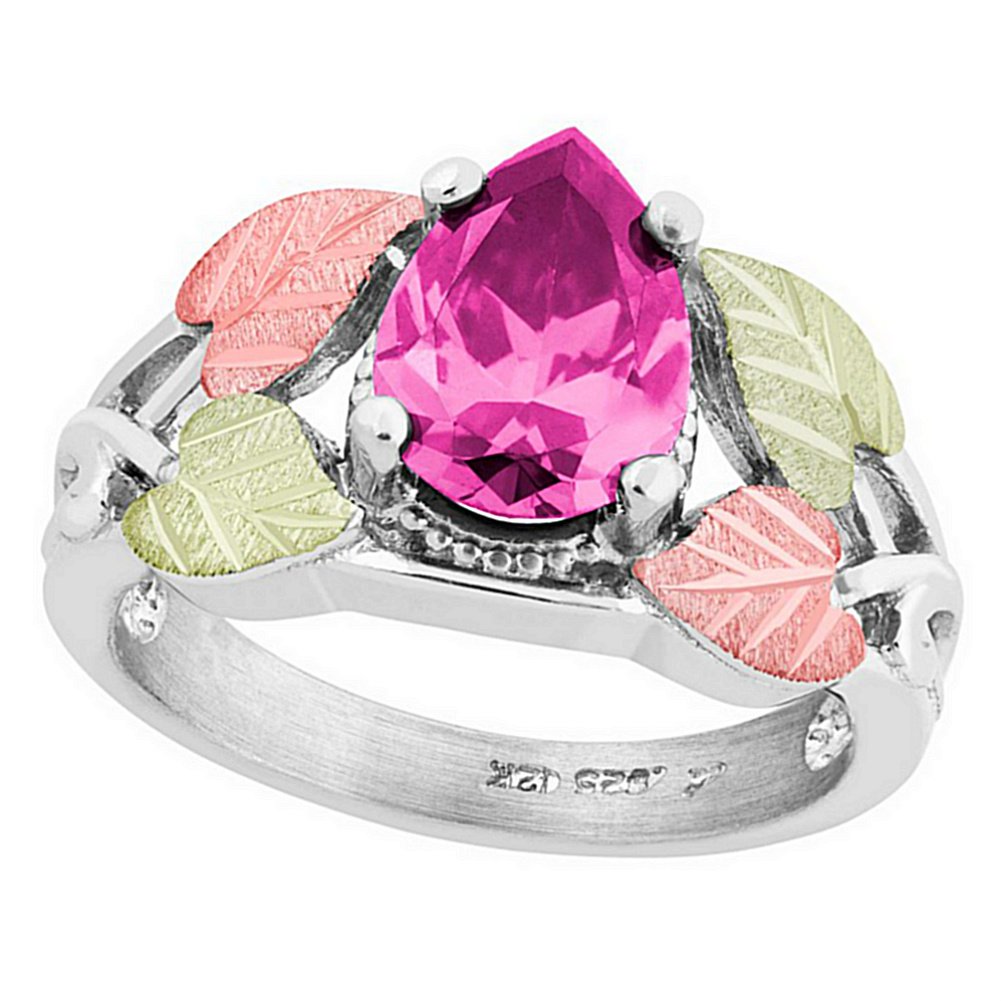 Pear Pink CZ Ring, Sterling Silver, 12k Green and Rose Gold Black Hills Gold Motif, Size 8