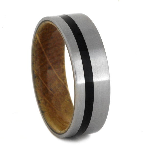 Matte Titanium, Black Pinstripe 6.5mm Comfort-Fit Whiskey Barrel Wood Wedding Band