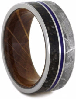 Dinosaur Bone, Gibeon Meteorite, Blue Stripe, Whiskey Barrel Wood 9mm Comfort-Fit Titanium Wedding Band, Size 4.5