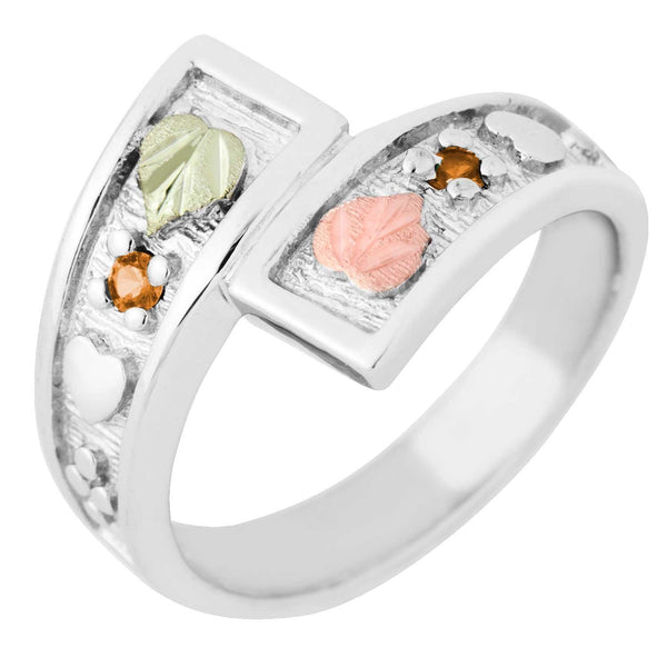 November Birthstone Created Gold Topaz Bypass Ring, Sterling Silver, 12k Green and Rose Gold Black Hills Silver Motif