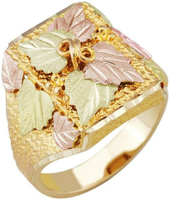 Men's Square Multiple Leaf Ring, 10k Yellow Gold, 12k Green and Rose Gold Black Hills Gold Motif, Size 8