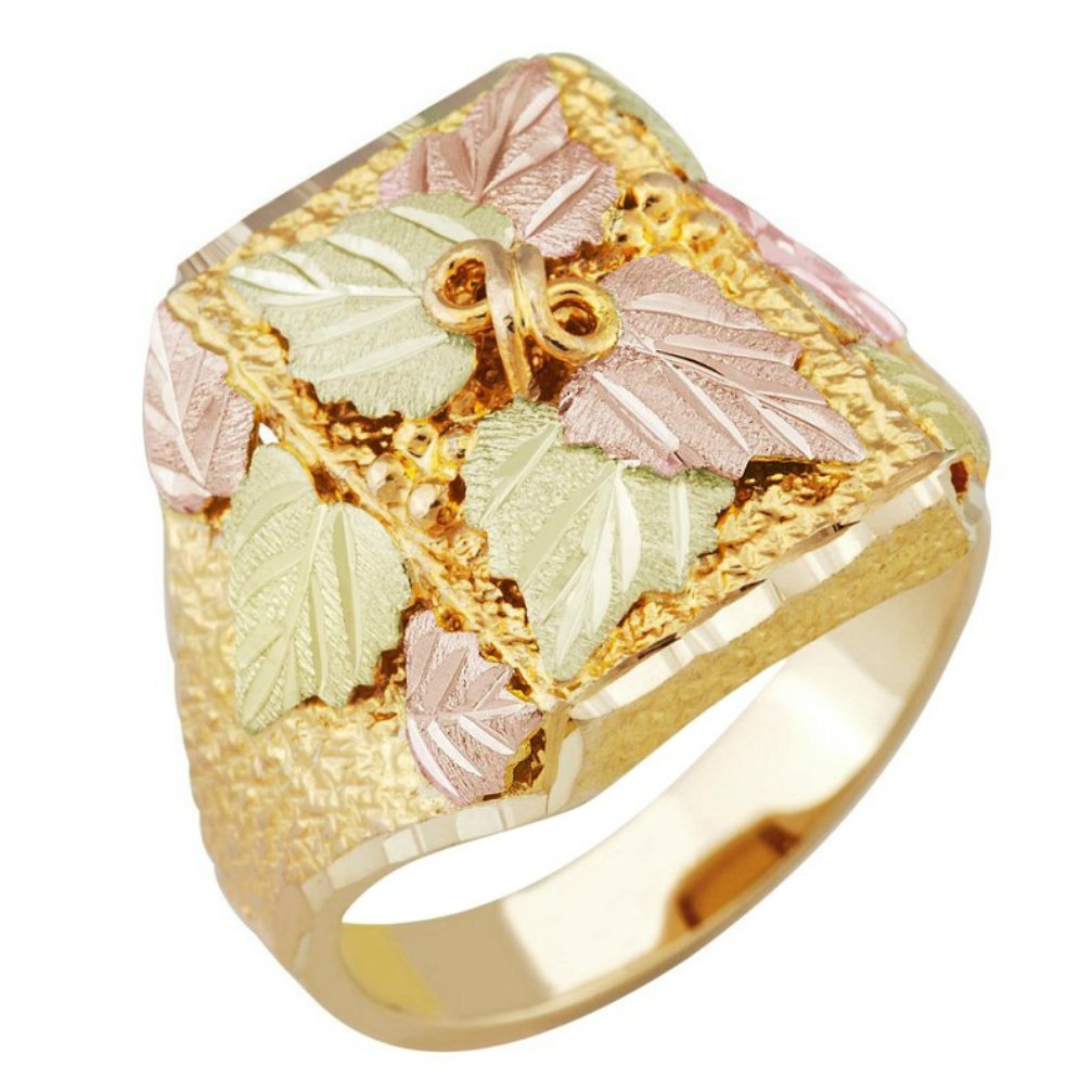 Men's Square Multiple Leaf Ring, 10k Yellow Gold, 12k Green and Rose Gold Black Hills Gold Motif