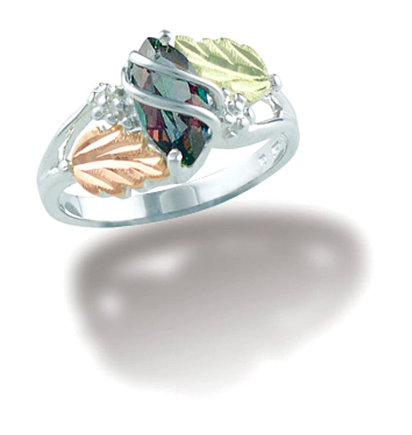 Marquise Mystic Fire Topaz Ring, Sterling Silver, 12k Green and Rose Gold Black Hills Gold Motif