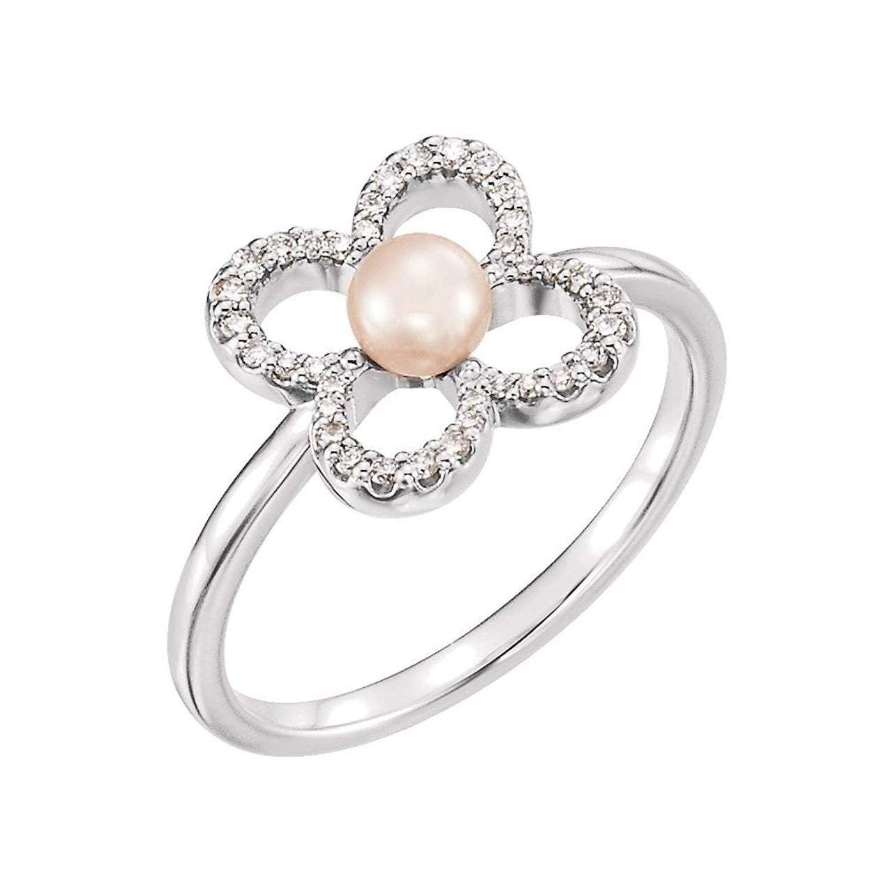 White Freshwater Cultured Pearl, Diamond Clover Ring, Rhodium-Plated 14k White Gold (4.00-4.50mm)(.16 Ctw, Color G-H, Clarity I1)