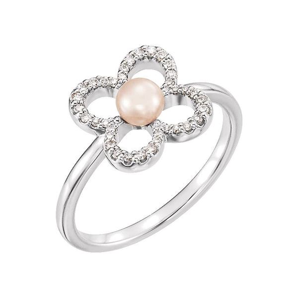 White Freshwater Cultured Pearl, Diamond Clover Ring, Rhodium-Plated 14k White Gold (4.00-4.50mm)(.16 Ctw, Color G-H, Clarity I1) Size 7.5