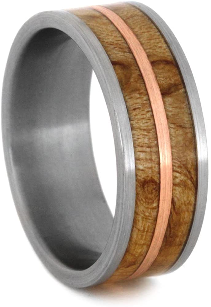 Birds Eye Maple with Copper Inlay 8mm Comfort-Fit Brushed Titanium Wedding Band, Size 8.25