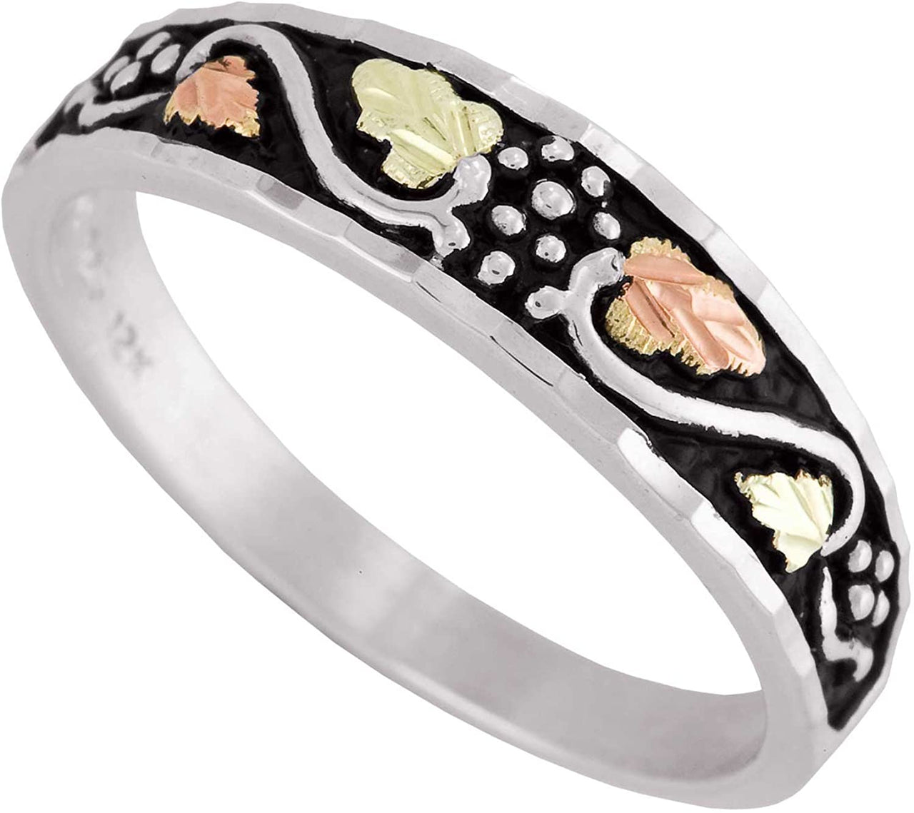 Men's Antiqued Wedding Band, Sterling Silver, 12k Green and Rose Gold Black Hills Gold Motif, Size 13.25