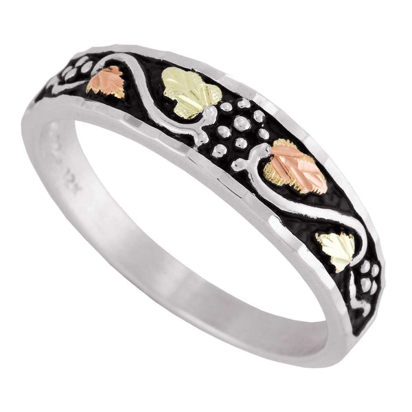 Men's Antiqued Wedding Band, Sterling Silver, 12k Green and Rose Gold Black Hills Gold Motif