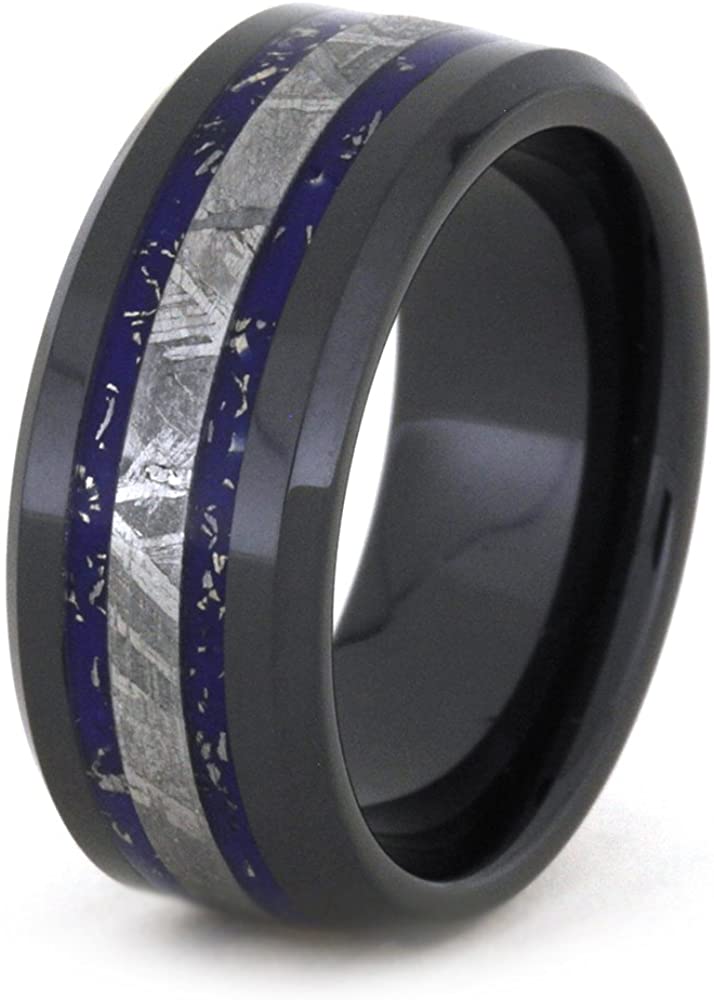 Blue and White Gold Stardust, Gibeon Meteorite 8mm Comfort-Fit Black Ceramic Wedding Band, Size 13.5