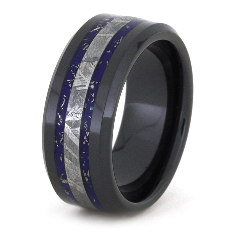 Blue and White Gold Stardust, Gibeon Meteorite 8mm Comfort-Fit Black Ceramic Wedding Band