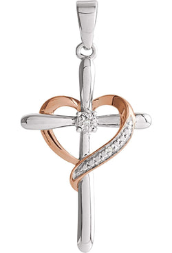 Diamond Heart Cross Pendant, Rhodium-Plated Sterling Silver, 14k Rose Gold Vermeil (.006 Ctw, I-J Color, I3 Clarity)