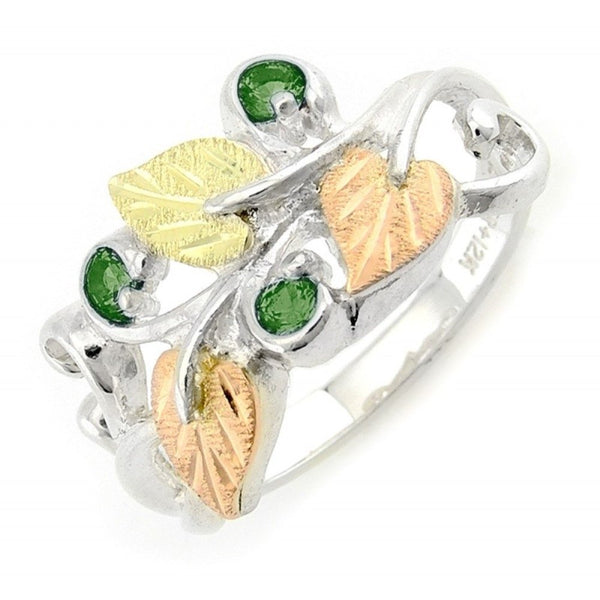 Lab Created Soude Emerald May Birthstone Ring, Sterling Silver, 12k Green and Rose Gold Black Hills Gold Motif, Size 5.25