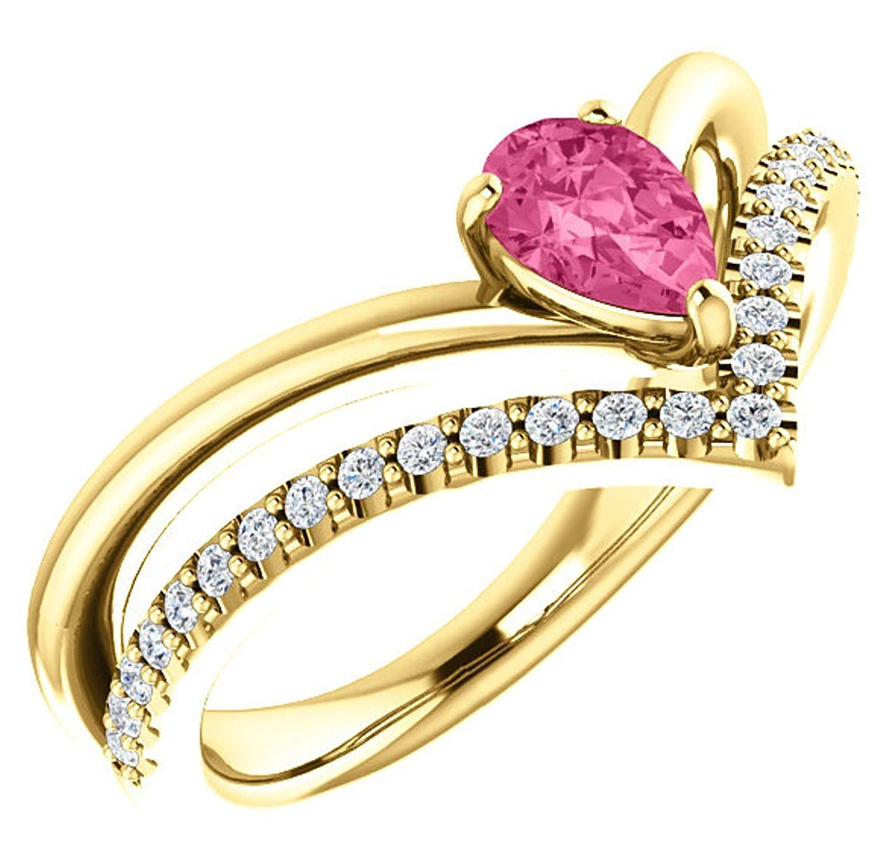 Pink Tourmaline Pear and Diamond Chevron 14k Yellow Gold Ring (.145 Ctw,G-H Color, I1 Clarity)