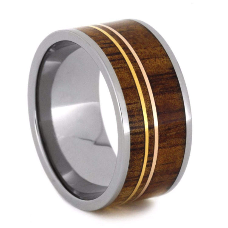 Koa Wood, 14k Yellow and Rose Gold Pinstripes 11mm Comfort-Fit Titanium Wedding Band