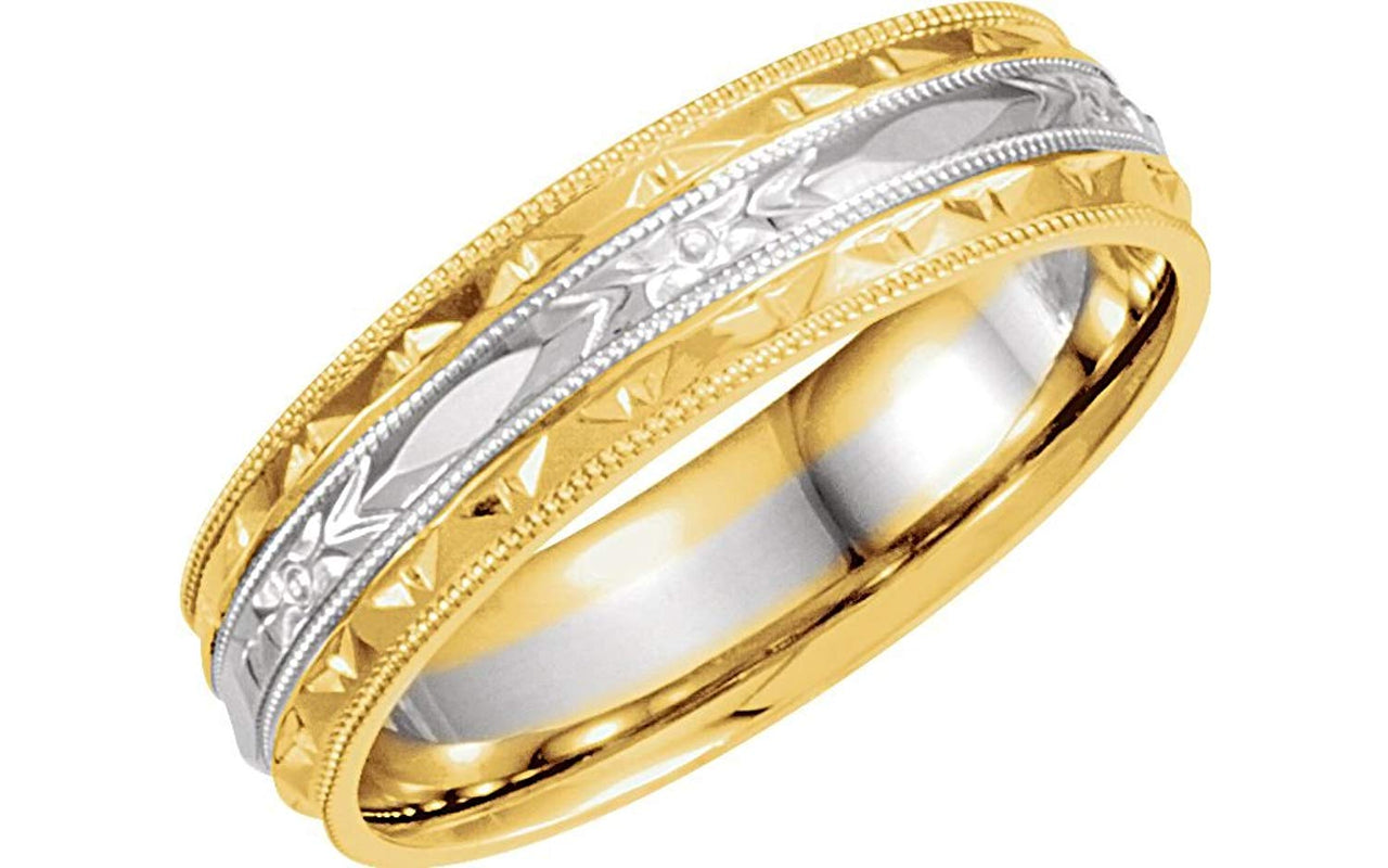 14k Yellow and White Gold Hand-Applied Milgrain Trim Engraved 6mm Comfort-Fit Band