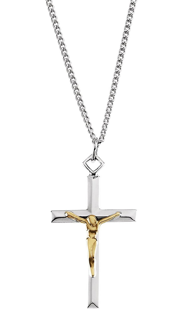 Two-Tone Beveled Crucifix Sterling Silver and Yellow Gold Filled Pendant Necklace, 24" (29X18MM)