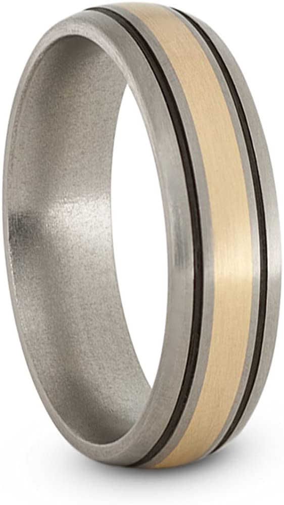Satin Brushed Titanium, 14k Yellow Gold and Black Pinstripes 6mm Comfort-Fit Dome Wedding Band, Size 10