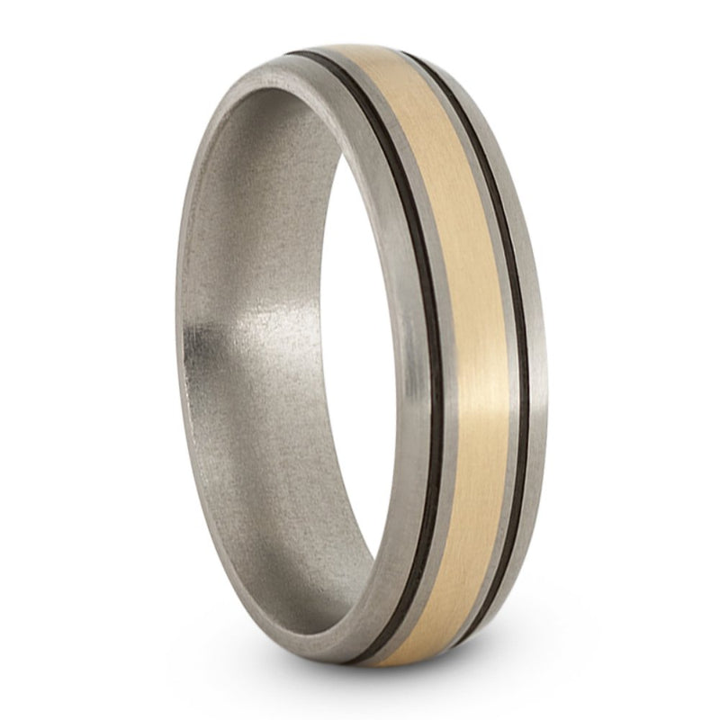 Satin Brushed Titanium, 14k Yellow Gold and Black Pinstripes 6mm Comfort-Fit Dome Wedding Band