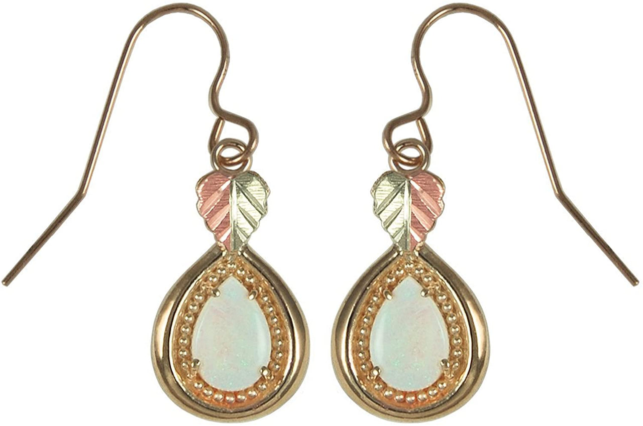 Opal Cabochon Teardrop Earrings, 10k Yellow Gold, 12k Green and Rose Gold Black Hills Gold Motif