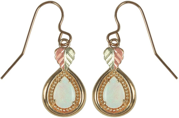 Opal Cabochon Teardrop Earrings, 10k Yellow Gold, 12k Green and Rose Gold Black Hills Gold Motif