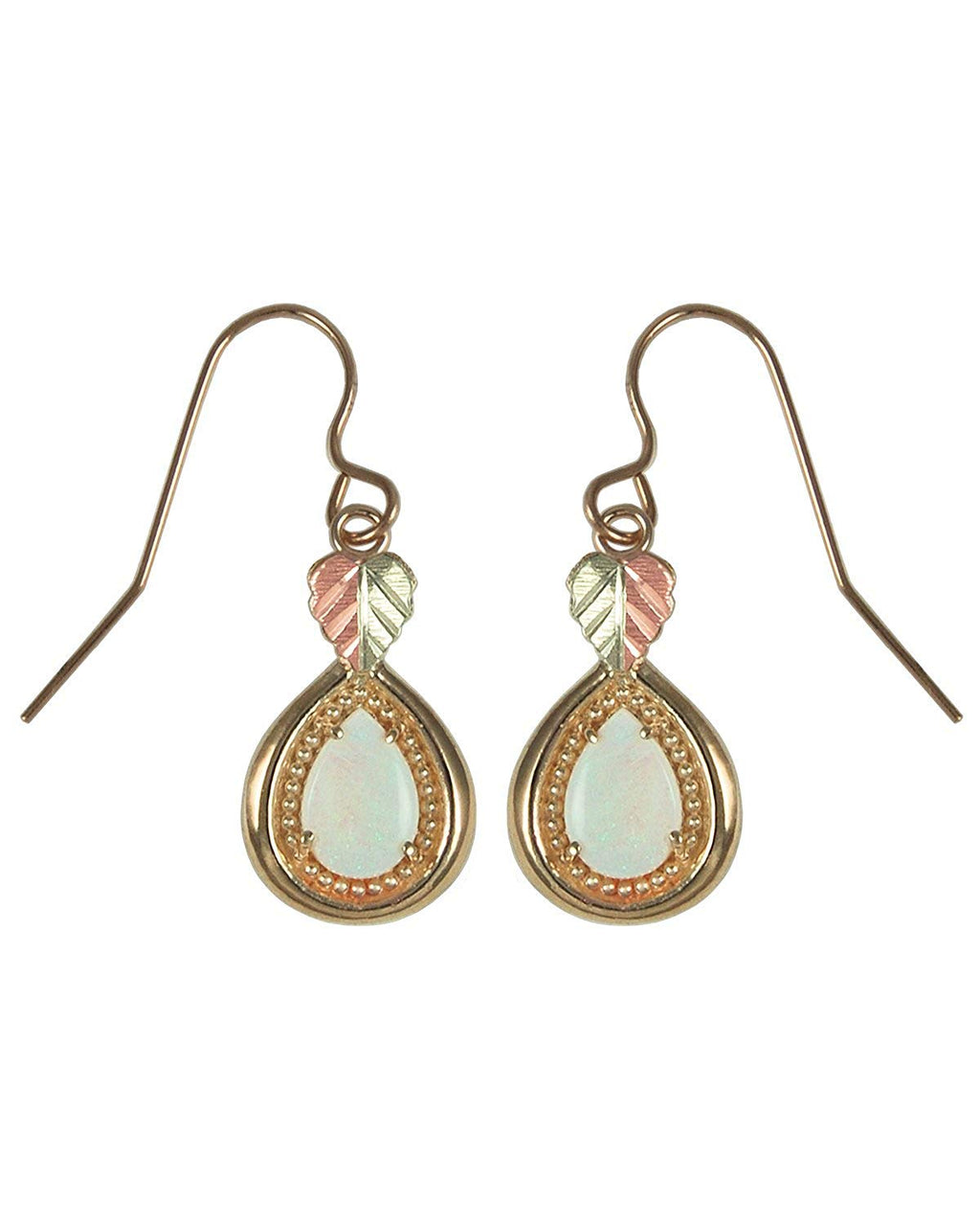 Opal Cabochon Pear Teardrop Earrings, 10k Yellow Gold, 12k Rose and Green Gold Black Hills Gold Motif