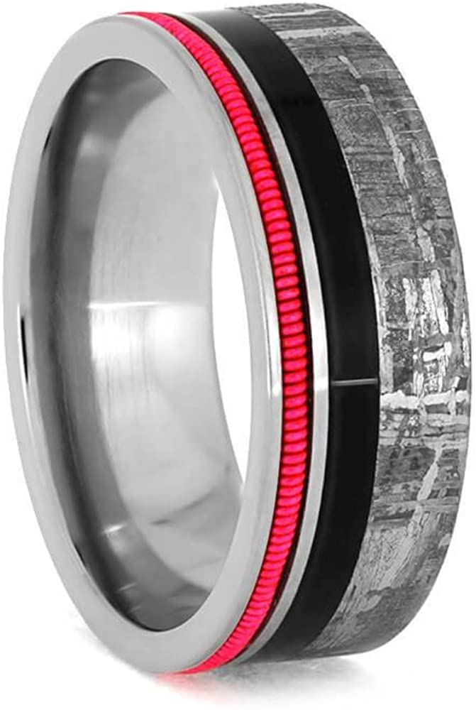 The Men's Jewelry Store (Unisex Jewelry) Gibeon Meteorite, Ebony Wood, Fluorescent Guitar String 8.25mm Comfort-Fit Titanium Band, Size 4.25