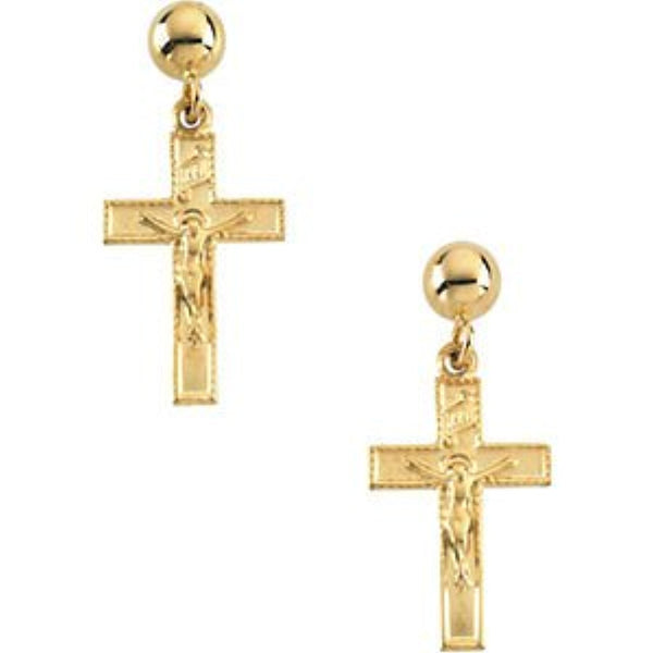 Petite Jesus Rising Crucifix Cross and Ball Dangle Earrings, 14k Yellow Gold (17X11MM)
