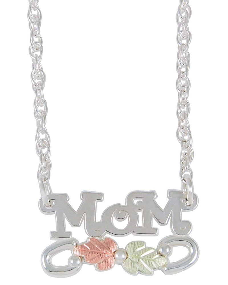 Mom Pendant Necklace, Sterling Silver, 12k Green and Rose Gold Black Hills Gold Motif, 18"
