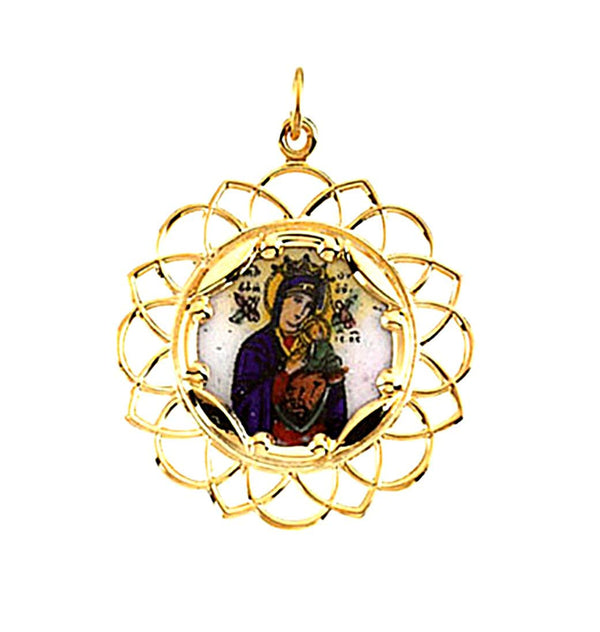 10k Yellow Gold Our Lady of Perpetual Help Framed Enamel Pendant (25.75x25.75 MM)