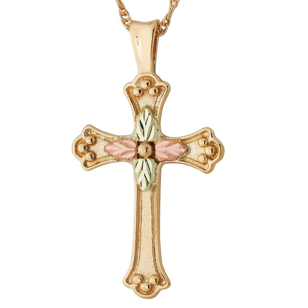 Grooved Cross Pendant Necklace, 10k Yellow Gold, 12k Green and Rose Gold Black Hills Gold Motif, 18"