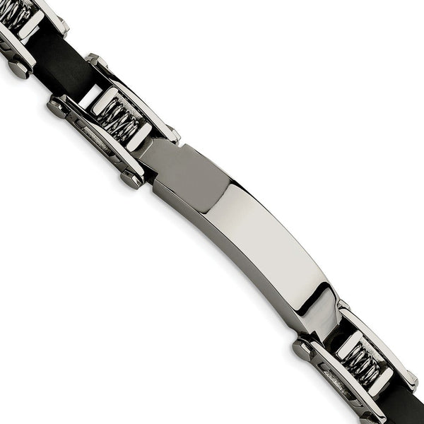 Men's Polished Stainless Steel 10mm Black Rubber ID Bracelet, 8.5"