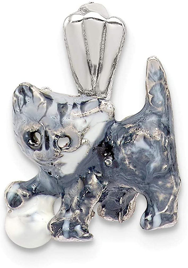 Rhodium Plating Sterling Silver Grey and White Enamel Kitten Pendant Playing with Ball (15X16MM)