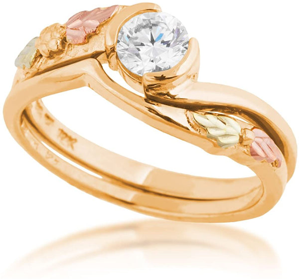 Diamond Bypass Engagement Ring, 10K Yellow Gold, 12k Green and Rose Gold Black Hills Gold Motif, Size 7