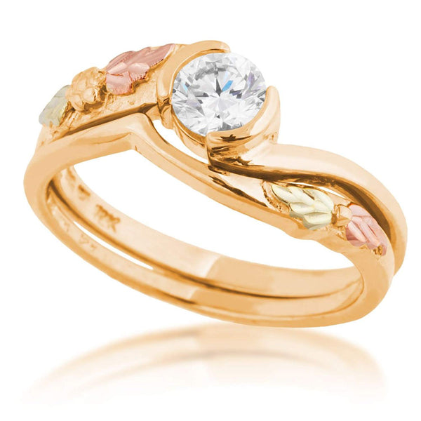 Diamond Bypass Engagement Ring, 10K Yellow Gold, 12k Green and Rose Gold Black Hills Gold Motif, Size 6.75