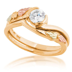 Diamond Bypass Engagement Ring, 10K Yellow Gold, 12k Green and Rose Gold Black Hills Gold Motif, Size 8