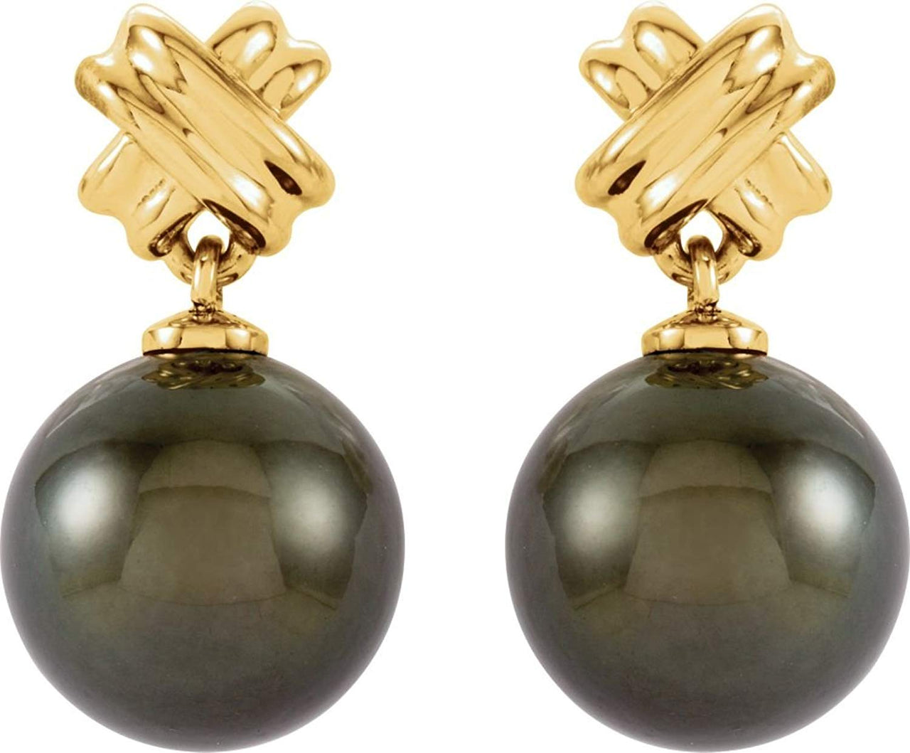 14k Yellow Gold Greek Saltire Cross and Black Tahitian Pearl Earrings