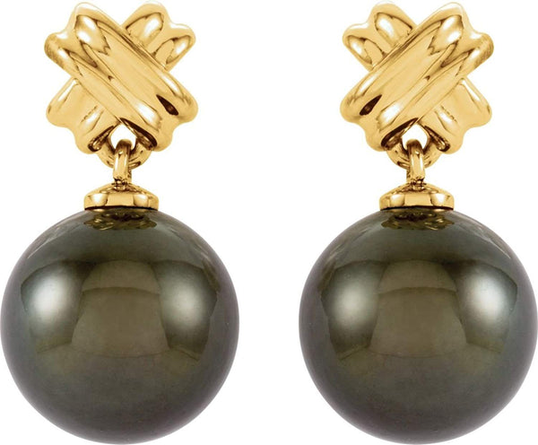 14k Yellow Gold Greek Saltire Cross and Black Tahitian Pearl Earrings