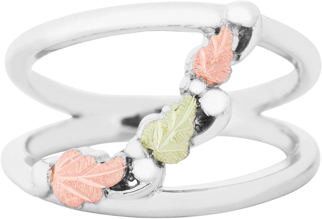 Graduating Leaf Split Shank Ring, Sterling Silver, 12k Green and Rose Gold Black Hills Gold Motif, Size 5