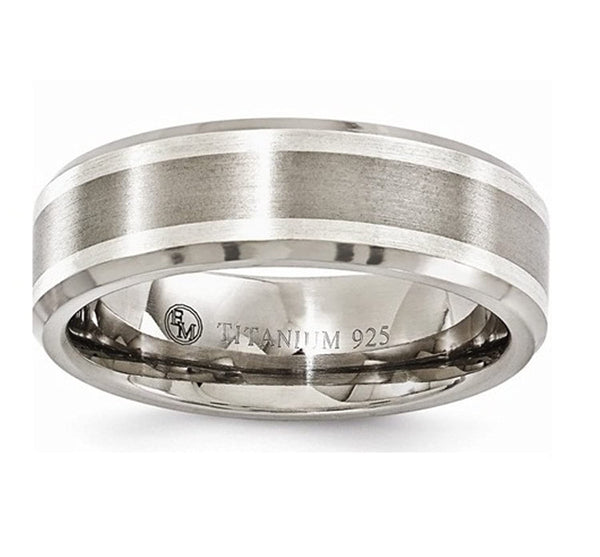 Silver Inlay Collection Brushed Gray Titanium, Argentium Silver 7mm Band