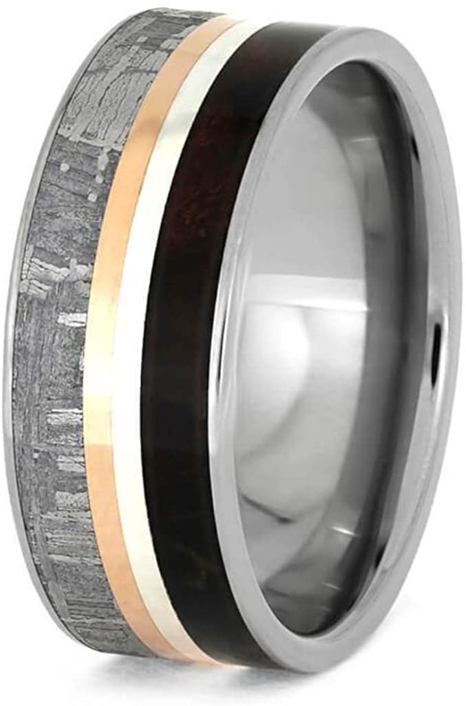 Gibeon Meteorite, Redwood, 14k Rose Gold, Sterling Silver 8mm Titanium Comfort-Fit Wedding Band, Size 8.25