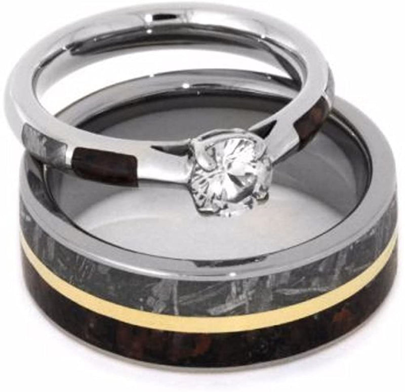 His and Hers Wedding Set, White Sapphire 10k White Gold Ring, Dinosaur Bone and Gibeon Meteorite Titanium Wedding Bands, M10-F7