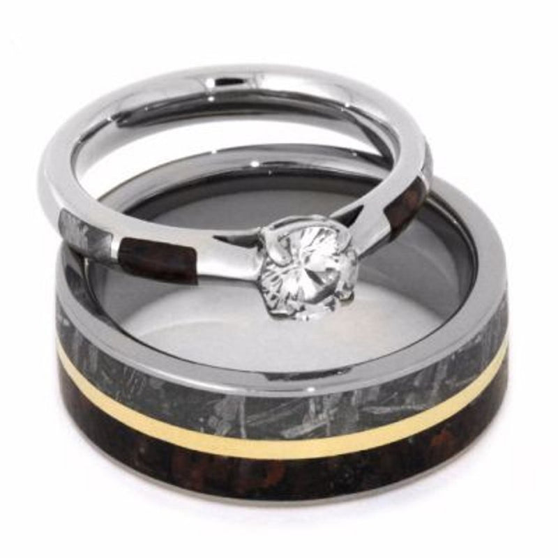 The Men's Jewelry Store (Unisex Jewelry) His and Hers Wedding Set, White Sapphire 10k White Gold Ring, Dinosaur Bone and Gibeon Meteorite Titanium Wedding Bands