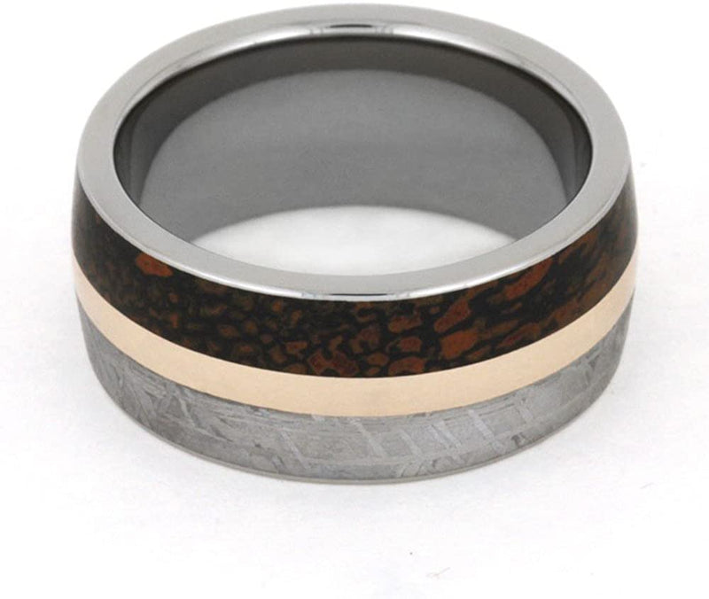 Gibeon Meteorite, Dinosaur Bone, 14k Rose Gold 10mm Comfort-Fit Titanium Band, Size 4.25