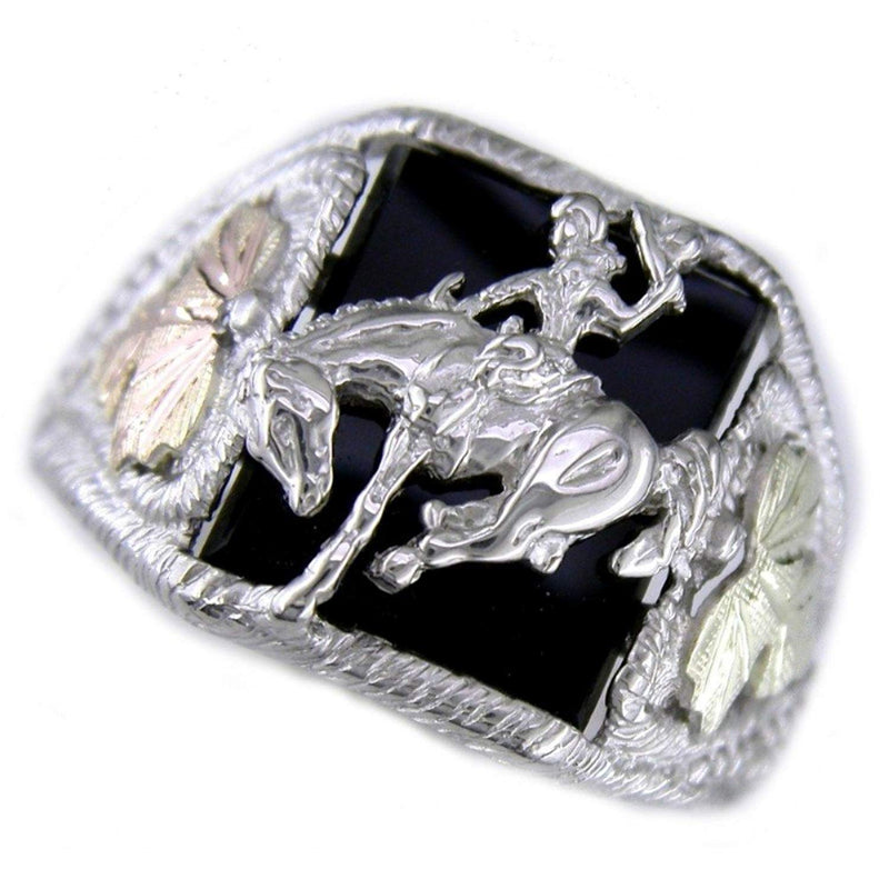 Men's Onyx Bronco Rider Ring, Sterling Silver, 12k Green and Rose Gold Black Hills Gold Motif