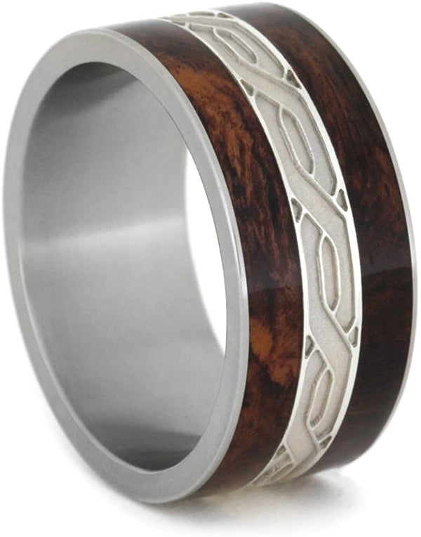 Sterling Silver Celtic Knot, Honduran Rosewood Burl 12mm Comfort-Fit Matte Titanium Wedding Band, Size 4