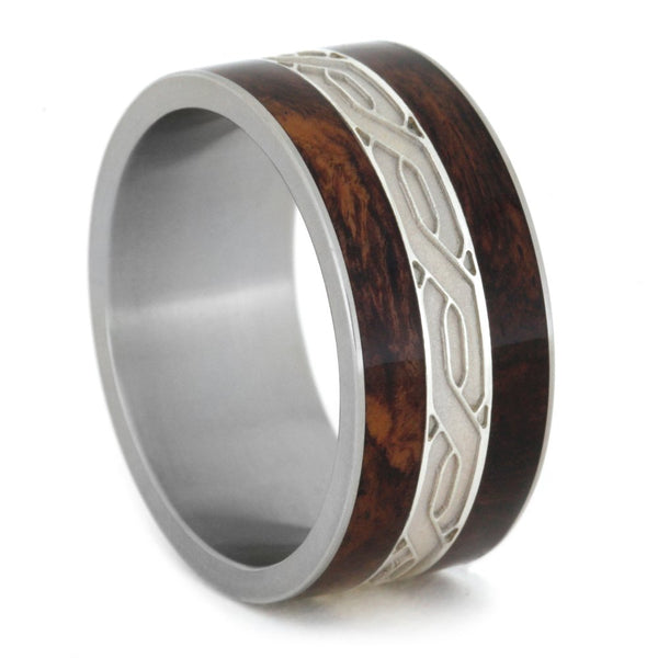 Sterling Silver Celtic Knot, Honduran Rosewood Burl 12mm Comfort-Fit Matte Titanium Wedding Band